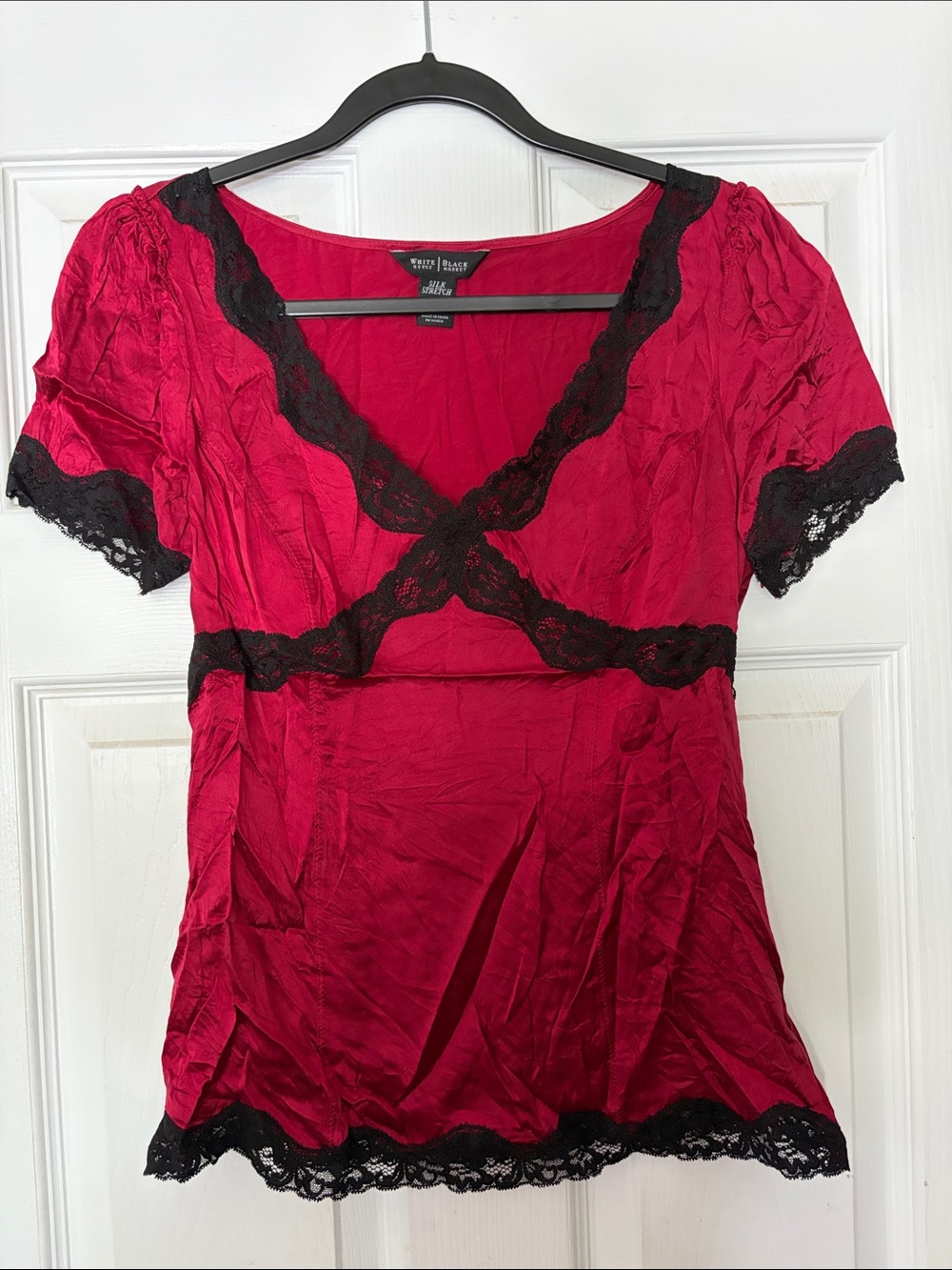 White House Black Market Crimson Satin V-Neck Top with Black Lace